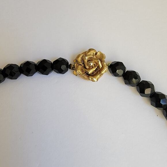 Vintage Black Bead Necklace - Gold Tone Rose Clasp, 21 Inches - Picture 5 of 10